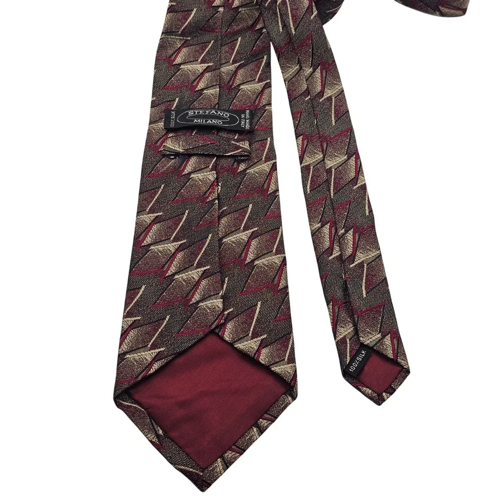 Stefano Milano Silk Tie Burgundy Pewter Geometric Art Deco Italian Hand Made‎